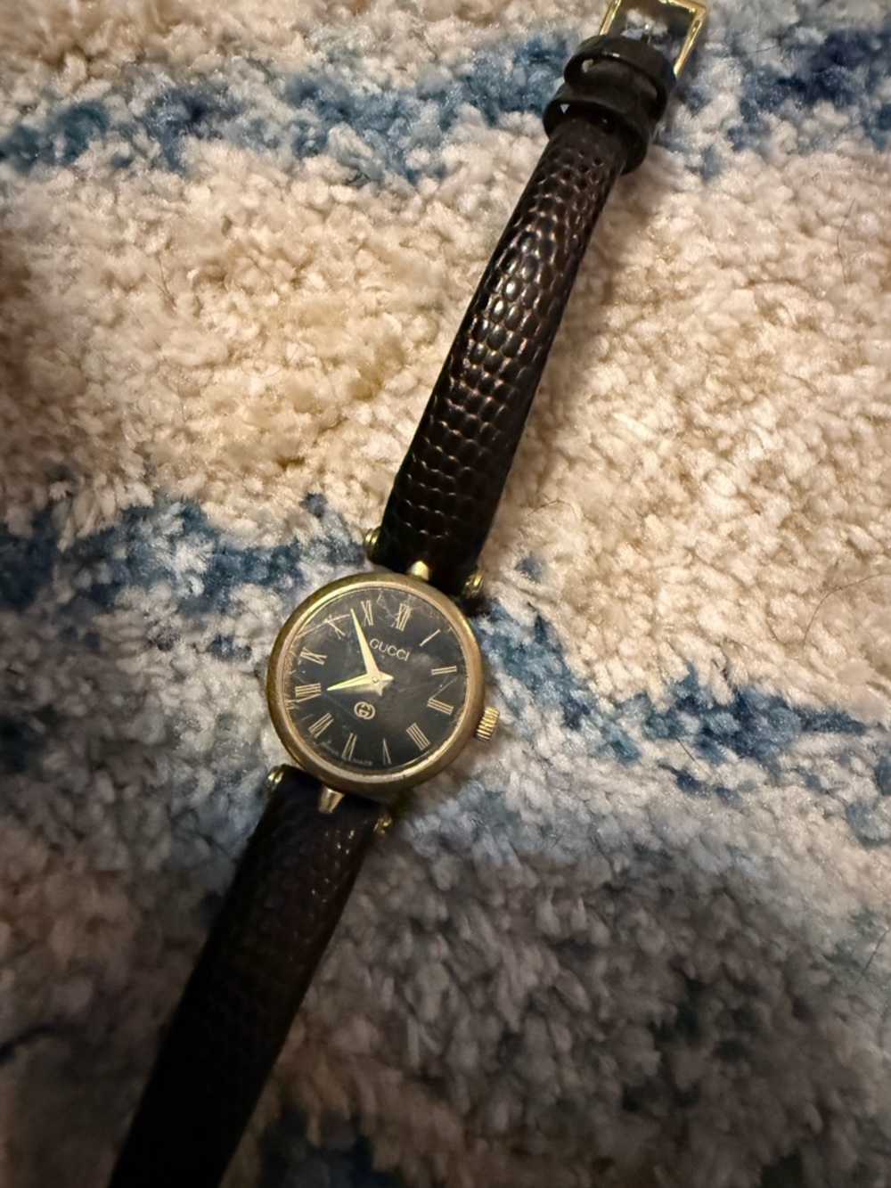 Gucci Black Dial Gold-Tone Round Leather Strap Watch